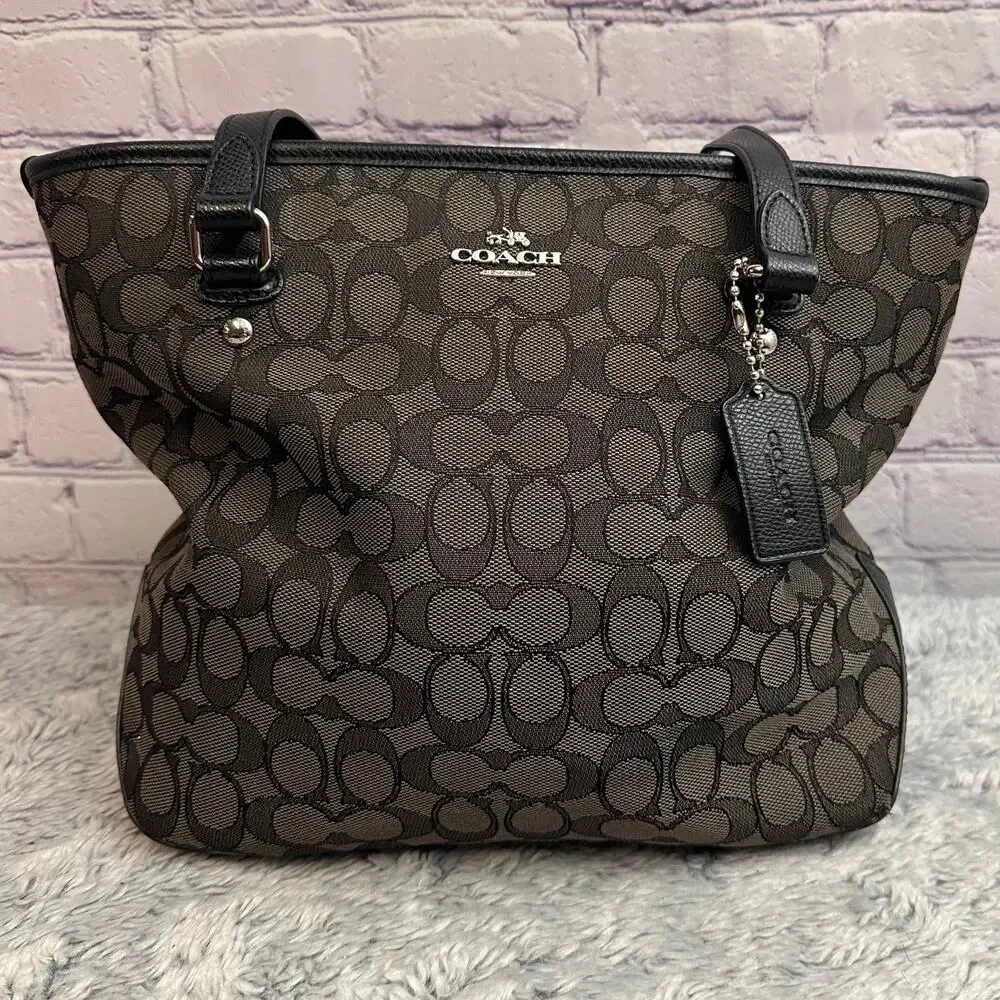 Coach Signature Monogram Canvas Tote Shoulder Bag Black & Gray Zip Closure
